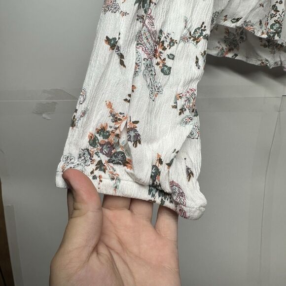 SO Juniors Small Boho Floral Peasant Top Long Sleeve Lace Up Blouse White - Picture 3 of 9